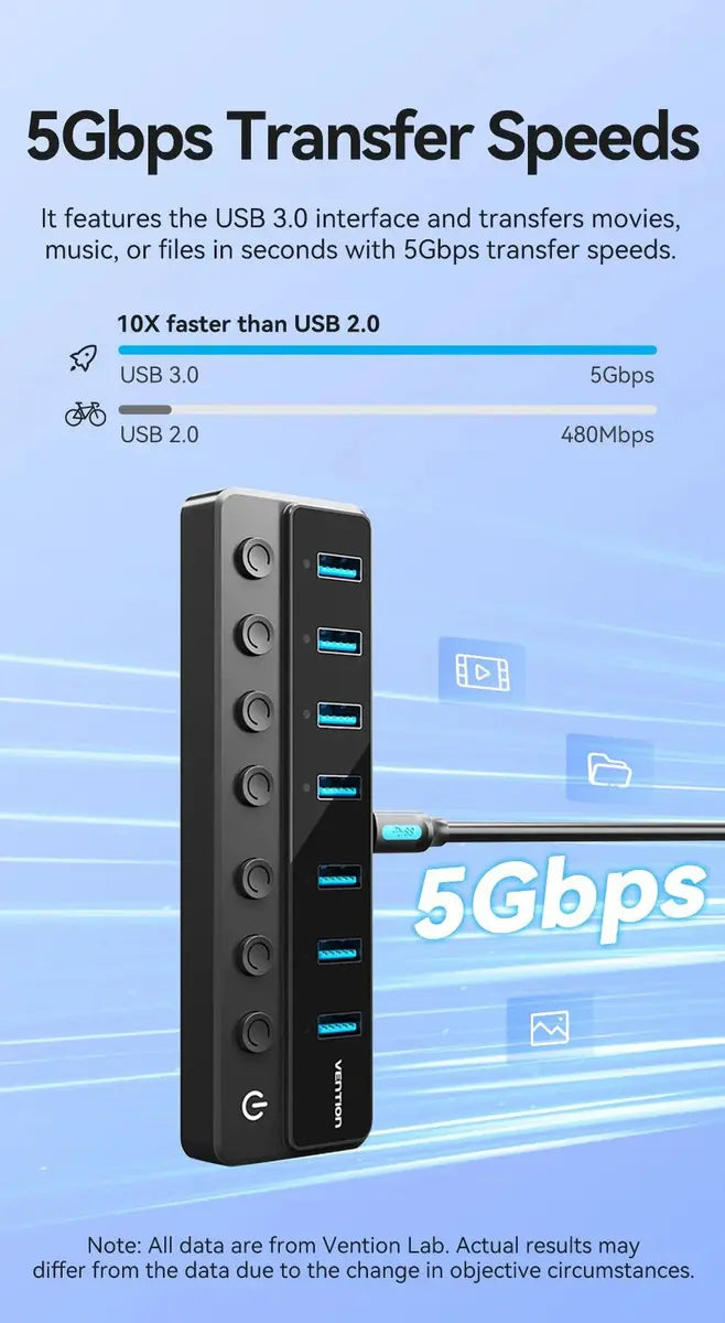 Hub Usb 3,0 7 En 1 Con Switch Encendido Con Fuente Vention Negro