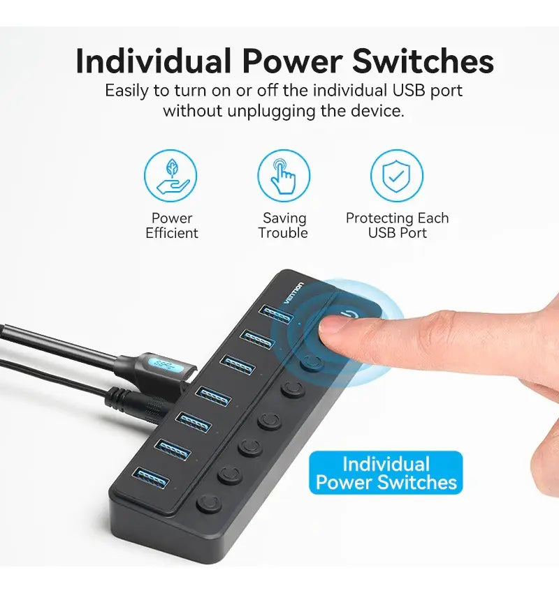 Hub Usb 3,0 7 En 1 Con Switch Encendido Con Fuente Vention Negro