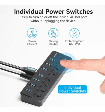 Hub Usb 3,0 7 En 1 Con Switch Encendido Con Fuente Vention Negro