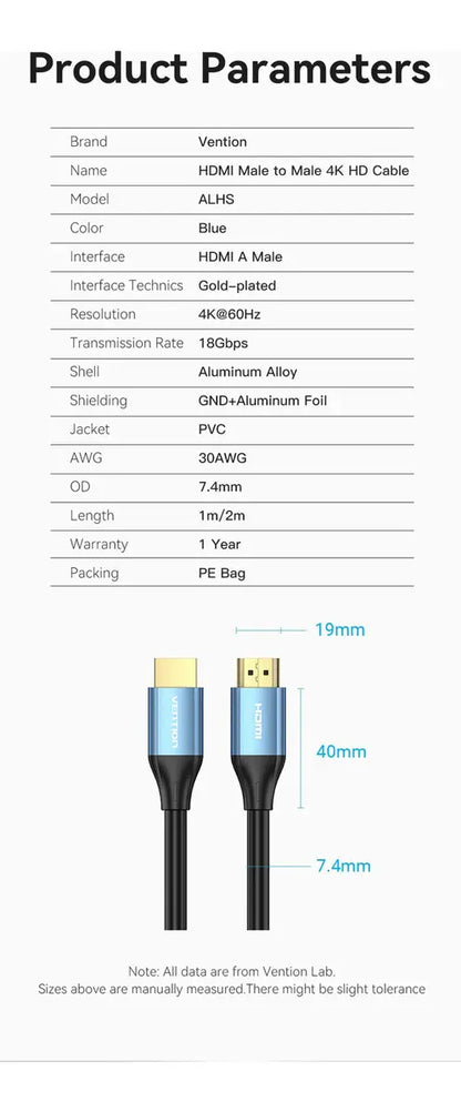 Cable Hdmi 2,0 4k 30hz 3d Hdr Hdcp 18gbps 5 M Azul Vention