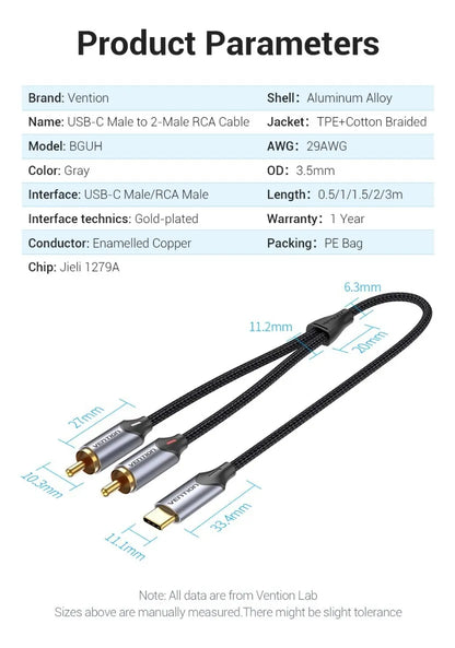 Cable De Audio Premium Usb C A Rca Trensado 0,5 M Vention