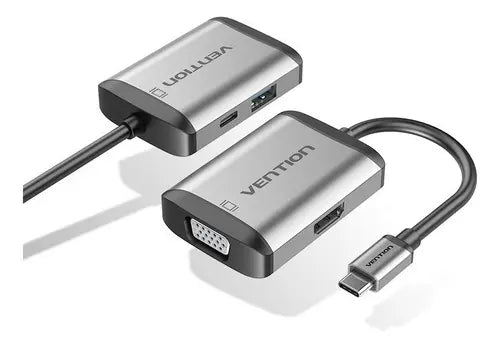 Hub Multipuerto Usb-c 4 En 1 Hdmi Vga Usb 3,0 Pd 4k Vention Plateado