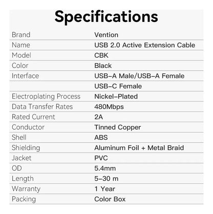 Cable Alargue Extensor Usb Activo Macho Hembra 25m Vention - Negro