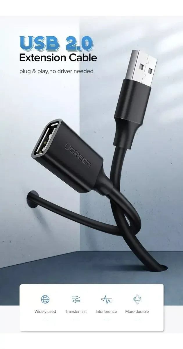 Cable Premium Usb 2,0 Macho A Hembra 2 Metros Ugreen Negro