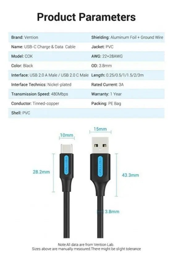 Cable De Carga Para Celular Usb A Usb-c 2,0 3a 0,25m Vention Negro