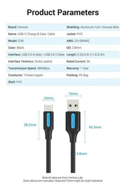 Cable De Carga Para Celular Usb A Usb-c 2,0 3a 0,25m Vention Negro
