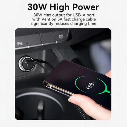Cargador Para Auto Doble Usb 3,0 Usb C 30w Vention Plateado