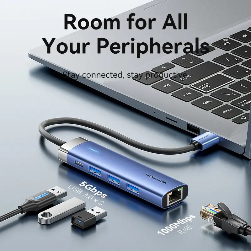 Hub Multipuerto Usb 3,0 - 5 En 1 - Usb C - Rj45 Vention Plateado