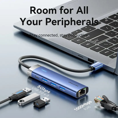 Hub Multipuerto Usb 3,0 - 5 En 1 - Usb C - Rj45 Vention Plateado