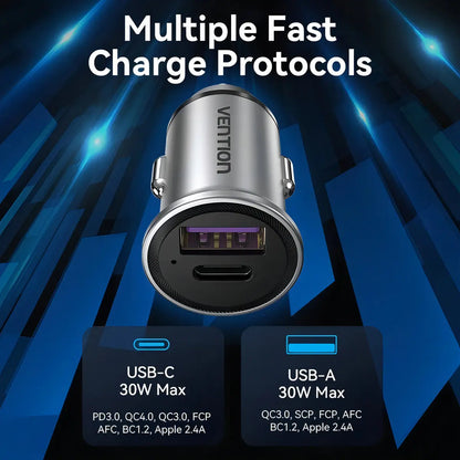 Cargador Para Auto Doble Usb 3,0 Usb C 30w Vention Plateado