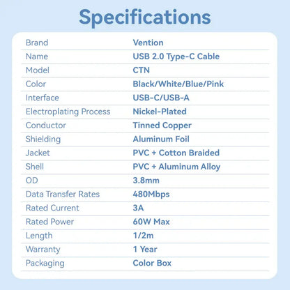 Cable Usb 2,0 A Usb C Blanco Carga Rapida 3a 2m Vention Blanco