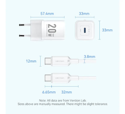 Cargador Con Cable Adaptador Carga Rapida Usb C 20w Vention