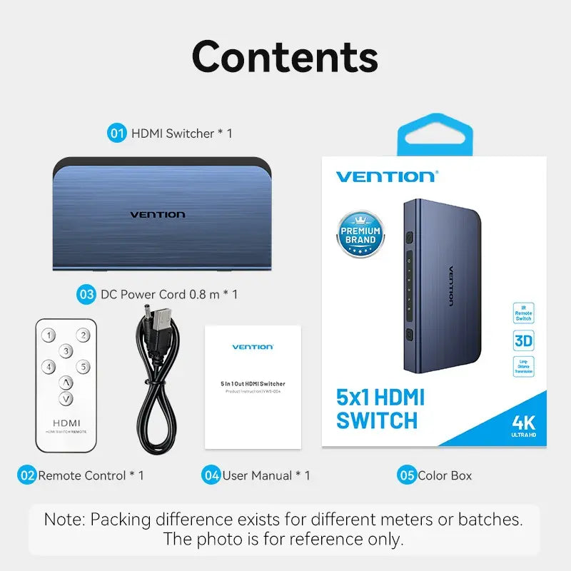 Switch Hdmi 4k 5x1 Con Control - 5 Entradas 1 Salida Vention