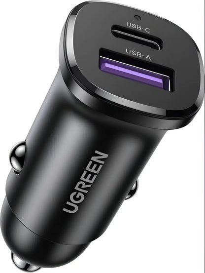 Cargador Para Auto Dual Usb + Tipo C 30w Carga Rapida Ugreen Negro
