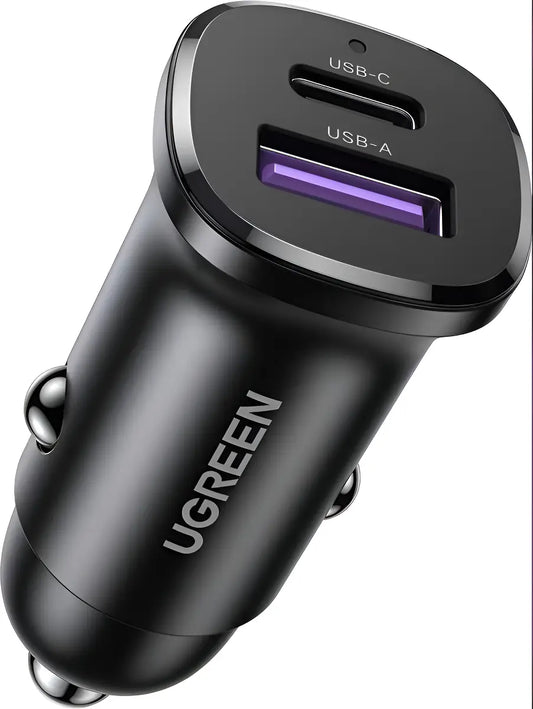 Cargador Para Auto Dual Usb + Tipo C 30w Carga Rapida Ugreen Negro