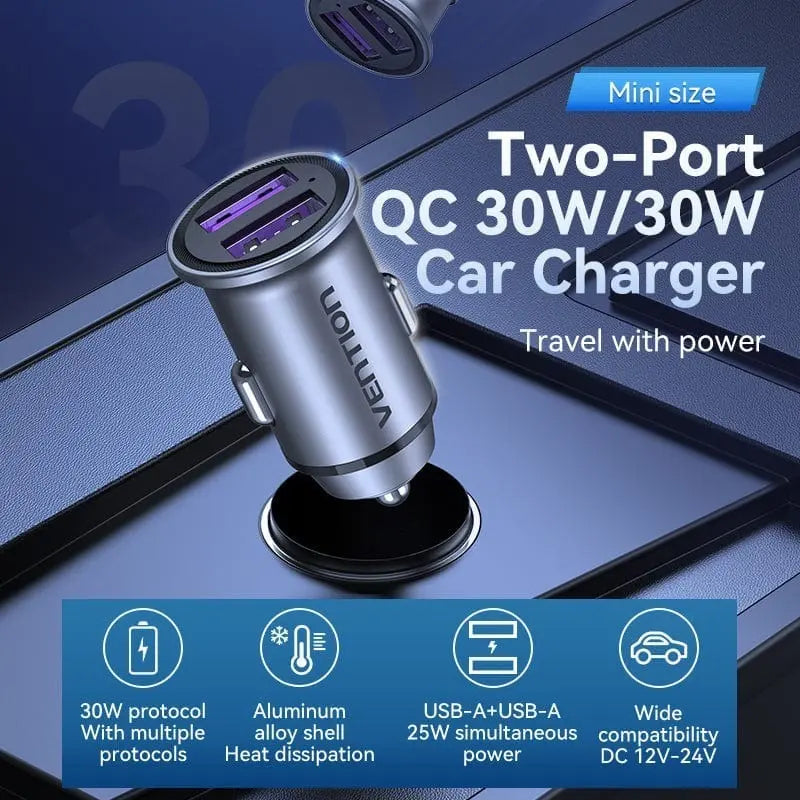 Cargador Auto Doble Puerto Usb 12v 24v Carga Rapida Vention Negro