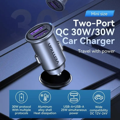 Cargador Auto Doble Puerto Usb 12v 24v Carga Rapida Vention Negro