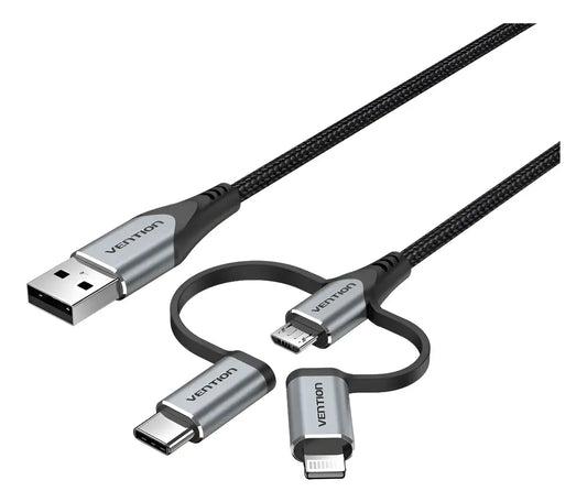 Cable Usb 3 En 1 Micro Usb + Usb C Lightning 1,5 M Vention Negro