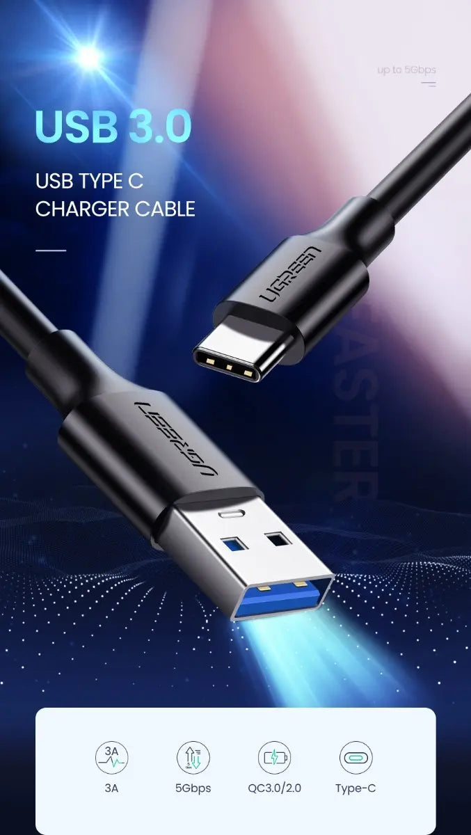 Cable Usb 3,0 A Usb-c Premium Carga Rapida Y Datos 1m Ugreen Negro