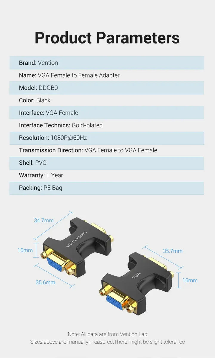 Adaptador Union Vga Extensor Hembra A Hembra Ficha Vention