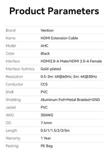 Cable Extensor Hdmi 4k Hembra A Macho 2 Mts Alargue Vention