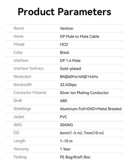 Cable Display Port 8k 60hz Hdr G-sync Hdcp 1 M Vention
