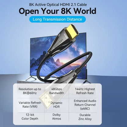 Cable Hdmi 2,1 Fibra Optica 8k 60hz 20 Mt 48gb Alumi Vention