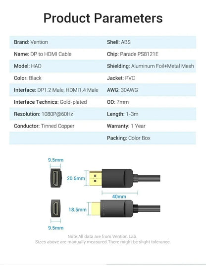 Cable Adaptador Display Port (dp) A Hdmi 3 Metros Vention