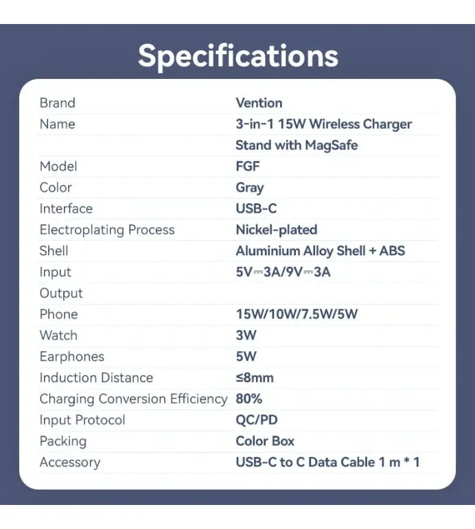 Cargador Inalámbrico 3 En 1 15 W Con Magsafe Gris Vention Gris