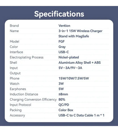 Cargador Inalámbrico 3 En 1 15 W Con Magsafe Gris Vention Gris