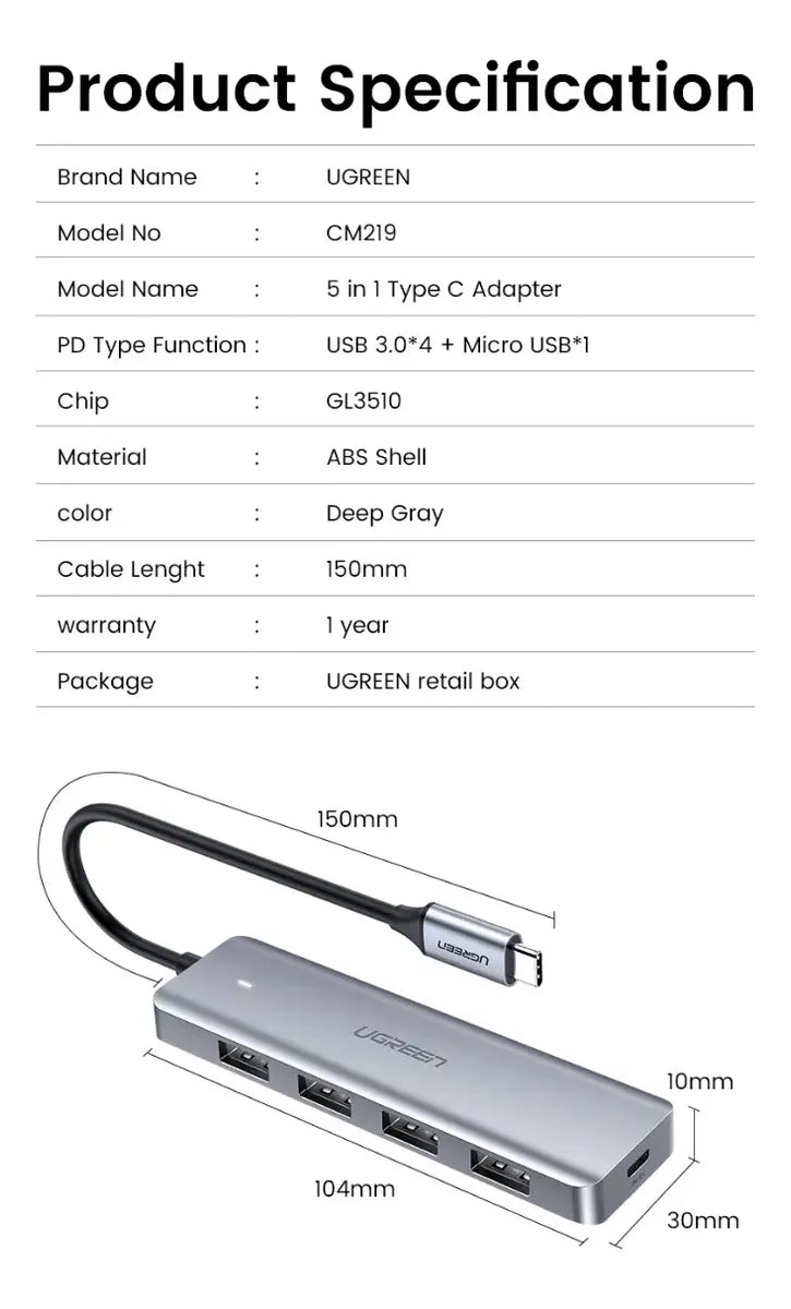 Hub Multipuerto Usb-c - 5 En 1 - Usb 3,0 X4 Pd 5v Ugreen Plateado