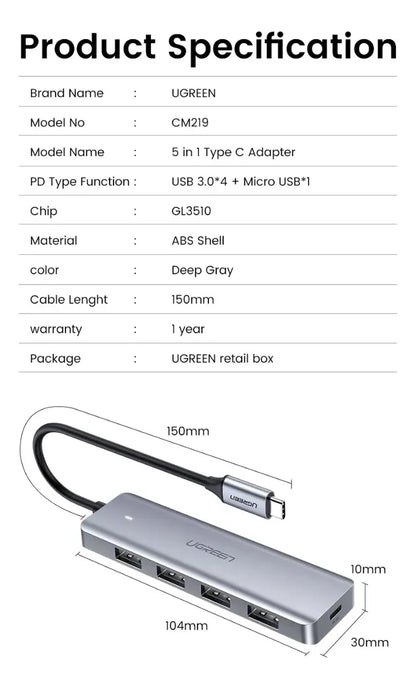 Hub Multipuerto Usb-c - 5 En 1 - Usb 3,0 X4 Pd 5v Ugreen Plateado