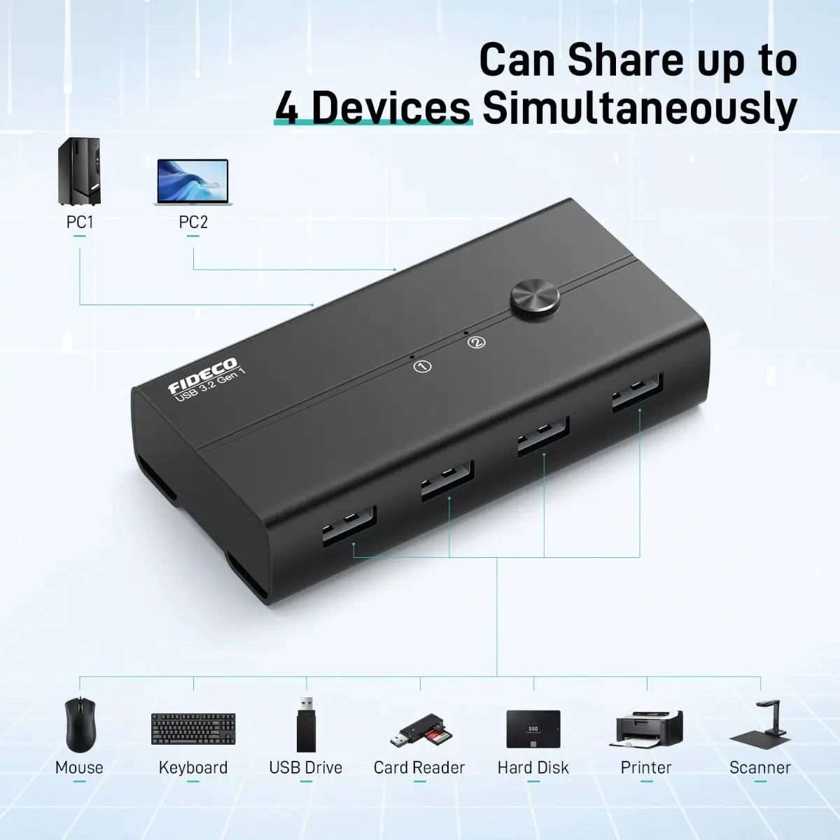 Hub Switch Usb 3,0 4 Puertos Para 2 Pcs Fideco