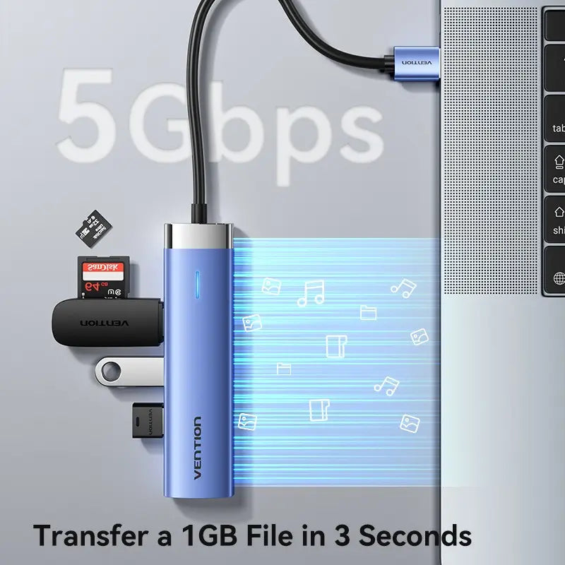 Hub Multipuerto Usb 3,0 - 5 En 1 - Usb C - Rj45 Vention Plateado