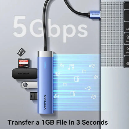 Hub Multipuerto Usb 3,0 - 5 En 1 - Usb C - Rj45 Vention Plateado