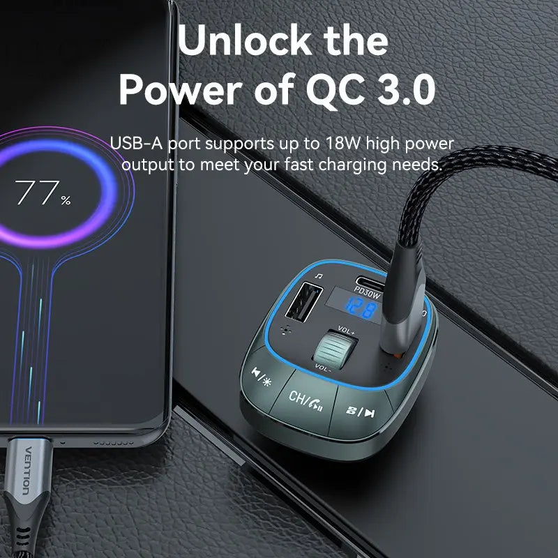 Cargador Usb Para Auto Celular Carga Rapida 30w Bluetooth Negro