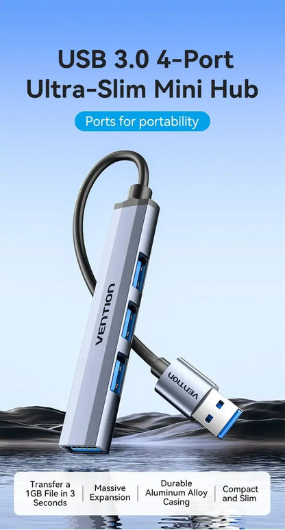 Mini Hub Usb 3,0 - 4 En 1 Aluminio 15cm Pc Notebook Vention Gris Oscuro