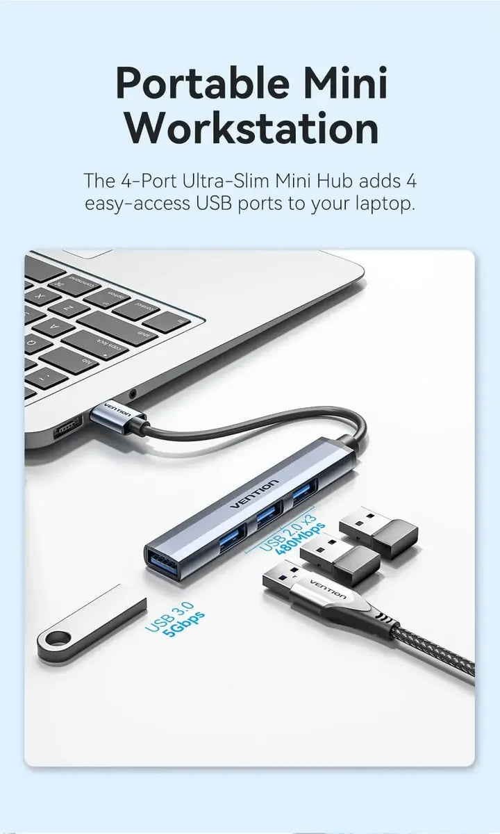 Mini Hub Usb 3,0 - 4 En 1 Aluminio 15cm Pc Notebook Vention Gris Oscuro