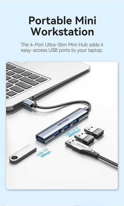 Mini Hub Usb 3,0 - 4 En 1 Aluminio 15cm Pc Notebook Vention Gris Oscuro