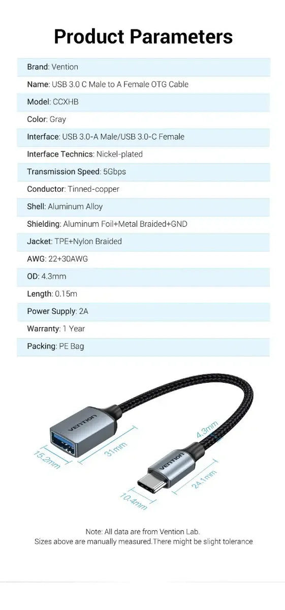 Adaptador Usb C A Usb Hembra 3,0 Otg Pc / Celular Vention Negro