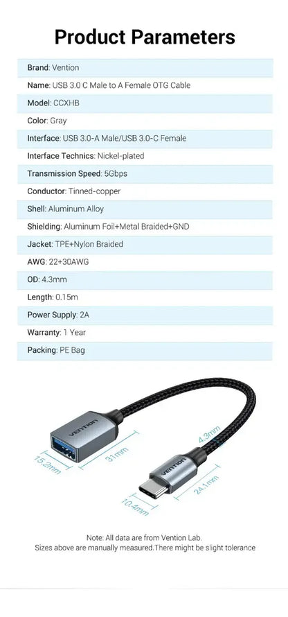 Adaptador Usb C A Usb Hembra 3,0 Otg Pc / Celular Vention Negro