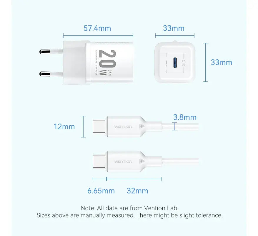 Cargador Con Cable Adaptador Carga Rapida Usb C 20w Vention Blanco