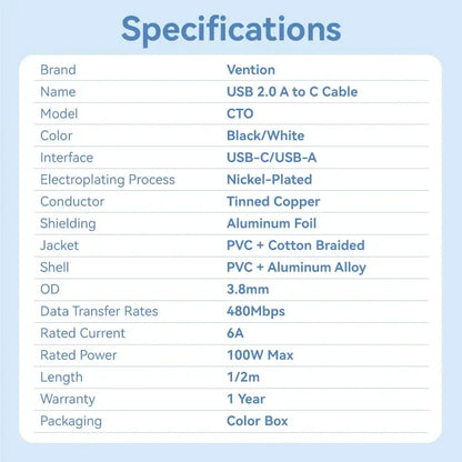 Cable Usb A Usb C 6a 480 Mbps Datos Carga 2m Blanco Vention