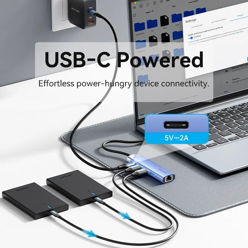 Hub Multipuerto Usb 3,0 - 5 En 1 - Usb C - Rj45 Vention Plateado