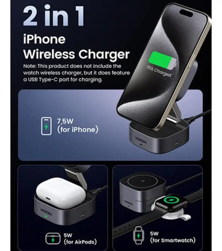 Cargador Inalámbrico Magnético 2 En 1 Plegable 25w Ugreen Gris