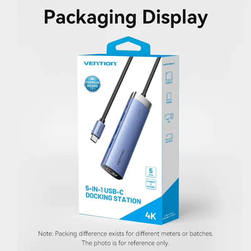 Hub Multipuerto Usb C 5 En 1 Hdmi 4k Carga 100w 3,0 Vention Azul Acero