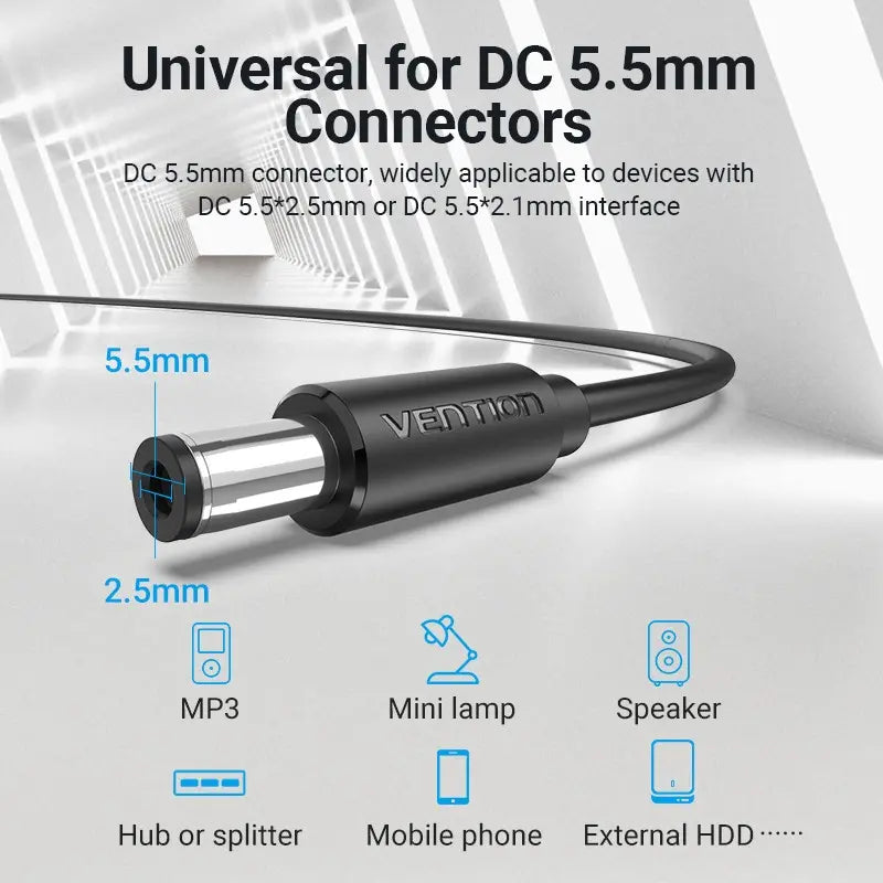 Cable Usb A Dc 5,5 Mm De Alimentacion 5v 3a Carga 1m Vention Negro