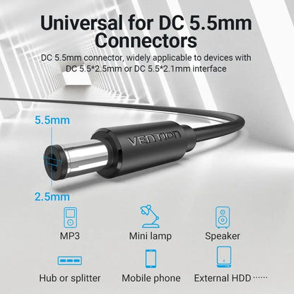 Cable Usb A Dc 5,5 Mm De Alimentacion 5v 3a Carga 1m Vention Negro