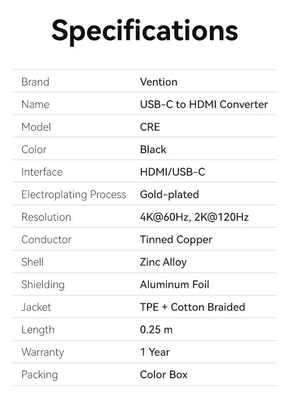 Adaptador Usb-c A Hdmi 4k 60hz Vention Crebc 25 Cm Negro