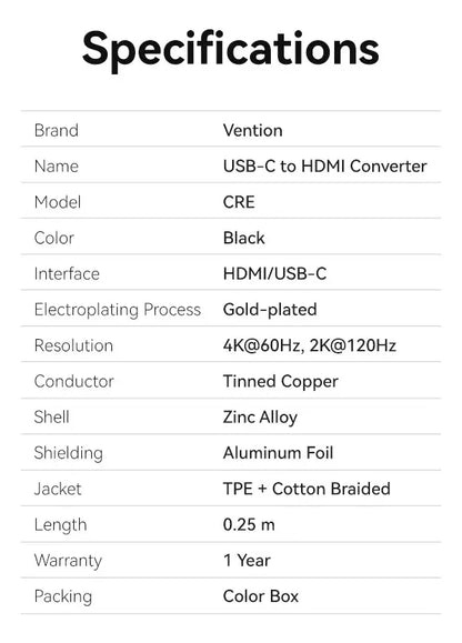 Adaptador Usb-c A Hdmi 4k 60hz Vention Crebc 25 Cm Negro